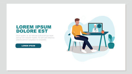 Vektor-Illustration  einer Person an einem Schreibtisch im Gespräch mit einem Arzt online auf einem Laptop - Health Concept