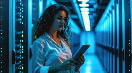 Focused IT professional using a laptop while standing in a server room with racks of network equipment illuminated by blue lights