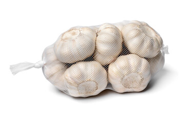 Sack with dried garlic bulbs close up isolated on white background