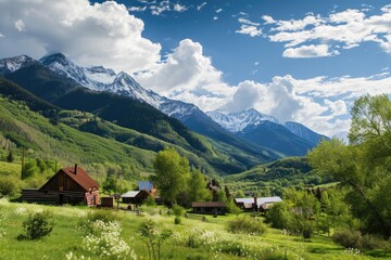Fototapeta na wymiar An alpine village basks in the afternoon sun, its charm amplified by the stunning mountain backdrop and the vivid green of spring