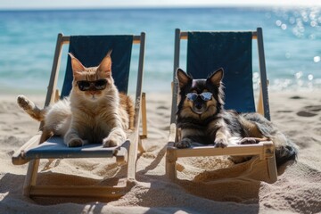 Cat and Dog Wearing Sunglasses on the Beach