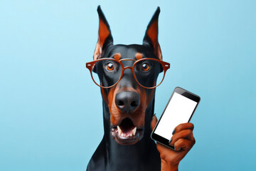 Shocked doberman dog in glasses holding smart phone mockup white screen over blue background. ai generative - obrazy, fototapety, plakaty