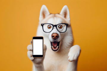 Shocked haski dog in glasses holding smart phone mockup white screen over blue background. ai generative - obrazy, fototapety, plakaty
