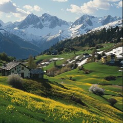 An alpine village basks in the afternoon sun, its charm amplified by the stunning mountain backdrop and the vivid green of spring
