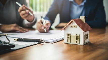 Small model house on a desk with two people in the background, suggesting a discussion, likely about property or finance, with pens and documents indicating a business environment.