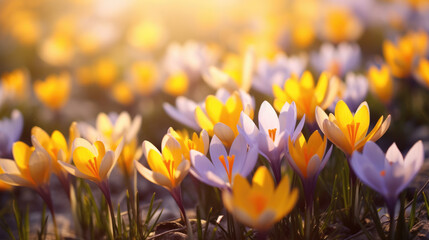 Close-up of vibrant yellow crocus flowers basking in the warm, soft light of the sun, symbolizing...
