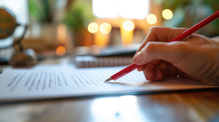 Person's hand is shown writing corrections on a printed document with a red pen, with a keyboard and a globe in the blurred background - obrazy, fototapety, plakaty