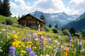 Fototapeta premium An alpine village basks in the afternoon sun, its charm amplified by the stunning mountain backdrop and the vivid green of spring