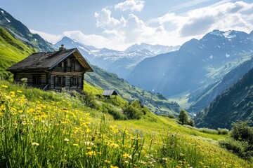 Fototapeta premium An alpine village basks in the afternoon sun, its charm amplified by the stunning mountain backdrop and the vivid green of spring