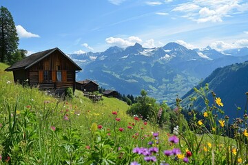 Fototapeta premium An alpine village basks in the afternoon sun, its charm amplified by the stunning mountain backdrop and the vivid green of spring
