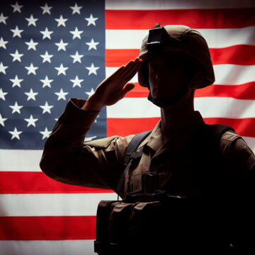 Silhouette of Soldier saluting in front of the American flag. A military veteran, and patriotism concept. ai generative