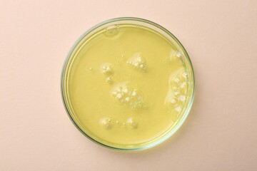 Petri dish with color liquid sample on beige background, top view