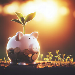 Sprout growing on glass piggy bank with sunset light in saving money concept. ai generative