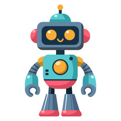 Cheerful funny cartoon children's robot. Cute cyborg, futuristic modern bot, android, smiling character in flat vector illustration isolated on white background. Science technology concept.