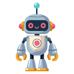 Cheerful funny cartoon children's robot. Cute cyborg, futuristic modern bot, android, smiling character in flat vector illustration isolated on white background. Science technology concept.