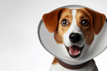 Surprised dog stand with a protective collar on a white background. ai generative - obrazy, fototapety, plakaty
