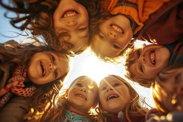 Group of joyful children forming a circle and looking down at the camera, with sunlight filtering through on a bright day