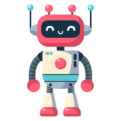 Cheerful funny cartoon children's robot. Cute cyborg, futuristic modern bot, android, smiling character in flat vector illustration isolated on white background. Science technology concept.