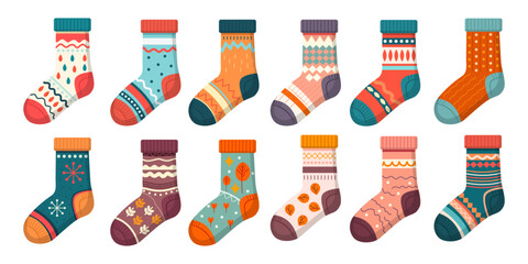 Collection of trendy cotton and woolen socks with different textures isolated on white background. Vector illustration. Knitted socks set different colors and sizes.