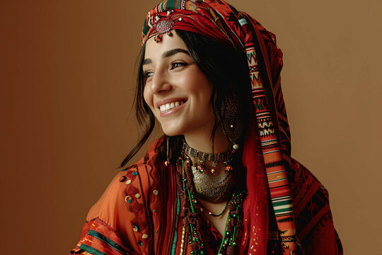 portrait of a Algerian, woman, Smiling Algerian Woman in Traditional Kabyle Dress and Jewelry, Traditional Attire, Model photography