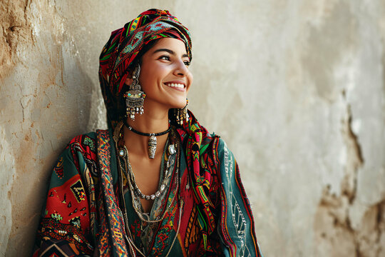 portrait of a Algerian, woman, Smiling Algerian Woman in Traditional Kabyle Dress and Jewelry, Traditional Attire, Model photography