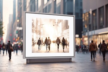 white empty LED billboard mockup in in the street with crowd of people walking in blurred motion. ai generative - obrazy, fototapety, plakaty