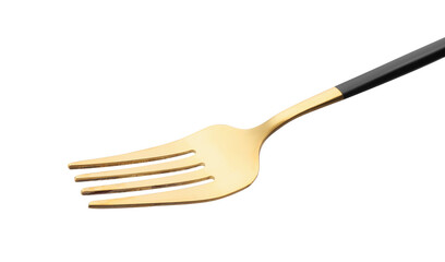 One shiny golden fork with black handle isolated on white, closeup