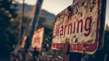 Forgotten Warnings: Weathered Signs Line a Rural Road, Echoing Past Cautions - obrazy, fototapety, plakaty