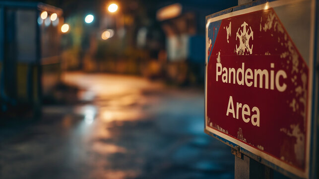Solemn Nighttime Warning: Pandemic Area Sign Illuminates a Deserted Street