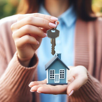 Woman holding keys with house shaped keychain on nature blure background. ai generative