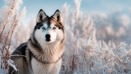 Fototapeta premium Siberian husky dog in a winter forest.