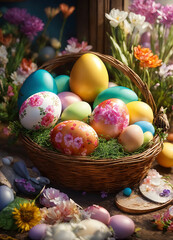 Easter. Easter eggs in a basket. Easter decoration. Easter abstract blurred background. Holiday, symbol, identity.