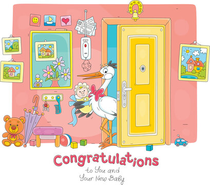 Birthday greeting card with a funny white stork holding a cute newborn baby and entering an open apartment door, vector cartoon illustration
