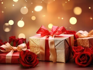 Vibrant and Lovely Festive Background. Adorned Roses and gift boxes in the Background with Blurred, Glistening Lights and Golden Bokeh.