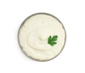Tasty mayonnaise and parsley in bowl isolated on white, top view