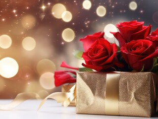 Vibrant and Lovely Festive Background. Adorned Roses and gift boxes in the Background with Blurred, Glistening Lights and Golden Bokeh.