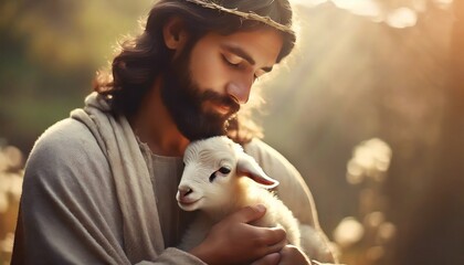 Depiction of Jesus Christ as Shepherd - Jesus Christ holding a Lamb - Blessing to Humanity -...