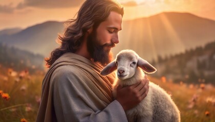 Depiction of Jesus Christ as Shepherd - Jesus Christ holding a Lamb - Blessing to Humanity - Imagination of Redemption and Faith - obrazy, fototapety, plakaty