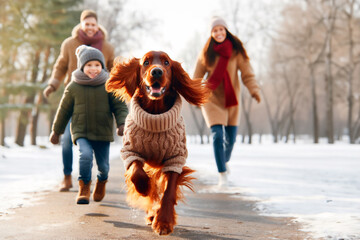 dog runs along the path of a winter park with his family. - obrazy, fototapety, plakaty