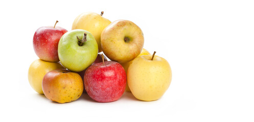 Set of large ripe organic apples of different colors on white background. Red yellow green fruits - 701868158