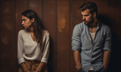 Upset couple looking down, not talking. Concept of relationship troubles.
