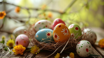 Fototapeta na wymiar colorful easter eggs in flowers