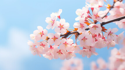 Close-up of delicate cherry blossoms against a bright blue sky