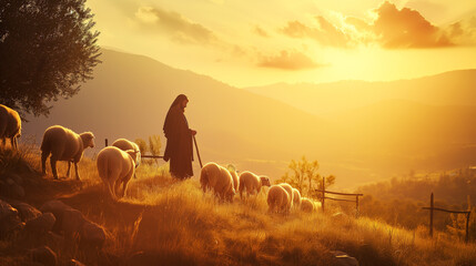 cross in the field at sunset with jesus christ christian sheep - obrazy, fototapety, plakaty