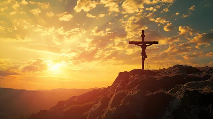 Papier Peint photo autocollant Orange cross in the field at sunset with jesus christ christian