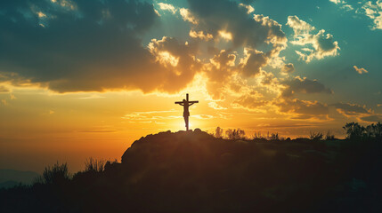 jesus christ on a cross in a field at sunshine sunrise - obrazy, fototapety, plakaty