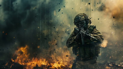 Fototapeta premium soldier in camouflage going through war