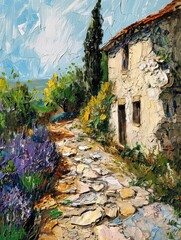 Crumpled old painting in impasto oil, depicting a floral cobble garden path leading to a modern house with lavender flower beds. Contemporary artwork, perfect for wall art, printing design, and art.
