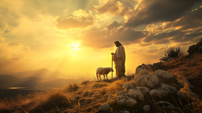 cross in the field at sunset with jesus christ christian sheep