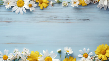 Floral arrangement of white daisies and yellow flowers scattered on a vibrant blue wooden background